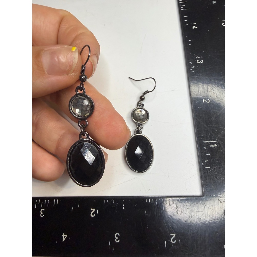 Gunmetal Black Faceted Oval Drop Earrings Smoky Grey Crystal Dangle Hook